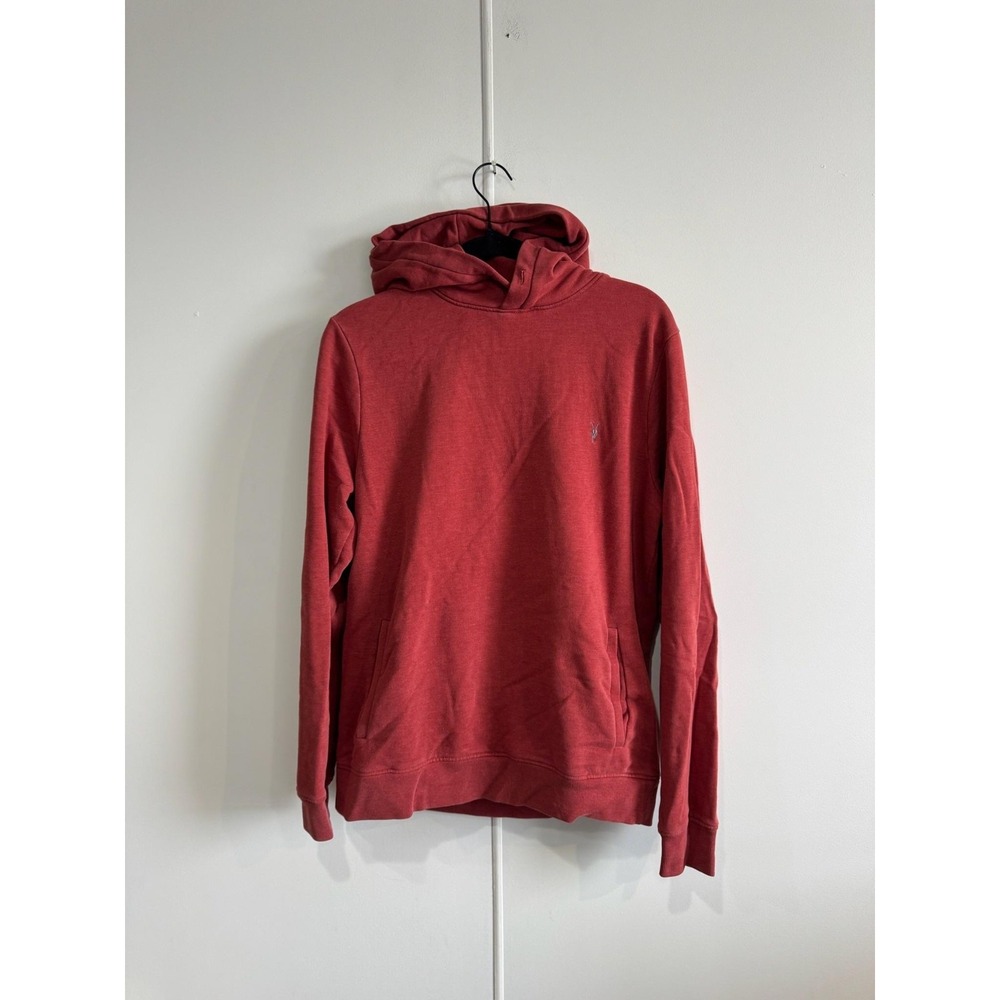 AllSaints Hoodie Mens Medium Red Fleece Pullover Sweatshirt Embroidered Logo